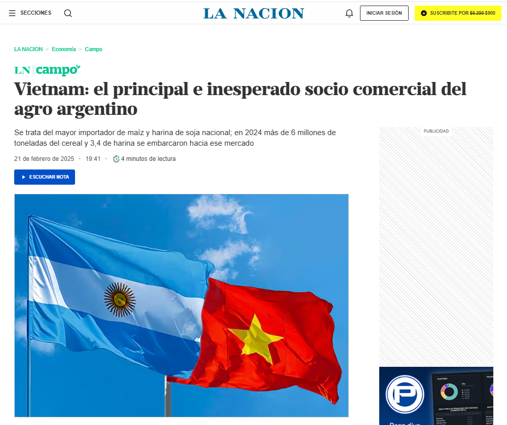 ໜັງສືພິມ La Nacion (ອາກຊັງຕິນ): ຫວຽດນາມ ແມ່ນຄູ່ຮ່ວມມືການຄ້າກະສິກຳຫຼັກແຫຼ່ງ